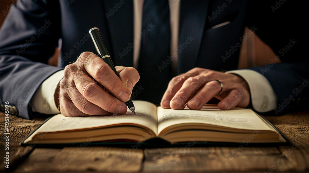 Close up of a businessman writing in a notebook on a wooden table Close up of a businessman writing in a notebook on a wooden table