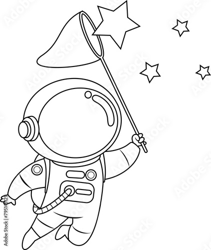 Outlined Cute Astronaut Cartoon Character Catching Stars. Vector Hand Drawn Illustration Isolated On Transparent Background (ID: 795145129)