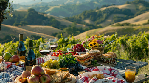A picturesque picnic scene set against a backdrop of rolling hills, featuring a spread of sandwiches, fruits, and wine.