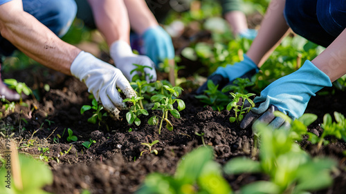Close up of a group of people wearing gloves planting young green plants into rich soil in the garden