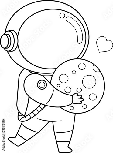 Outlined Cute Astronaut Cartoon Character Holding Planet With Love. Vector Hand Drawn Illustration Isolated On Transparent Background (ID: 795145190)
