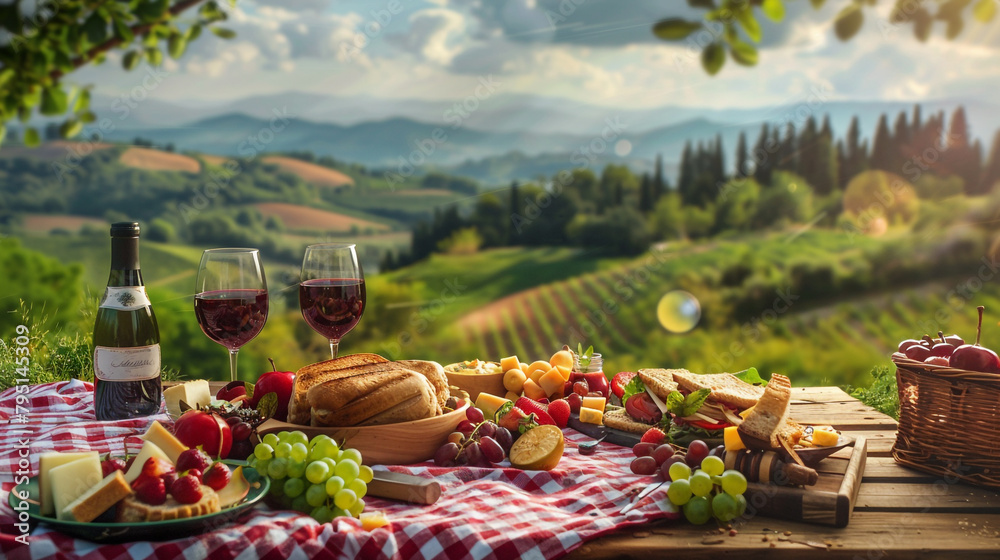 Obraz premium A picturesque picnic scene set against a backdrop of rolling hills, featuring a spread of sandwiches, fruits, and wine.