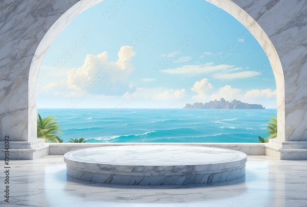 White marble stone empty podium with beautiful ocean view, blue sky, product display