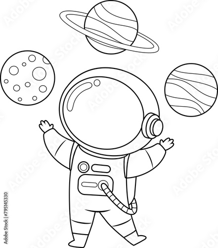 Outlined Cute Astronaut Cartoon Character Juggling With Planets. Vector Hand Drawn Illustration Isolated On Transparent Background (ID: 795145330)
