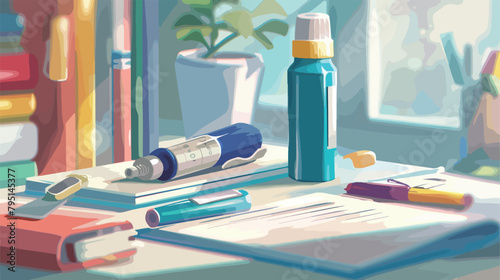 Asthma inhalers pen and notebooks on table closeup Vector photo