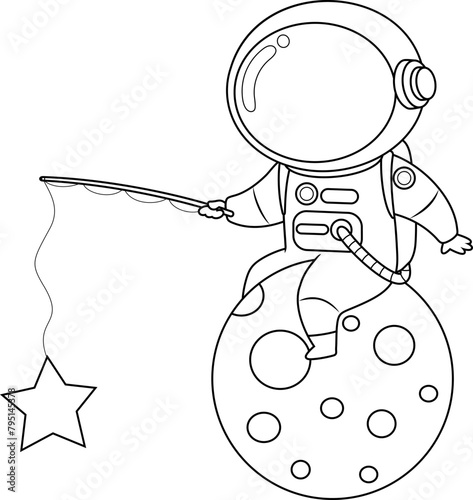 Outlined Cute Astronaut Cartoon Character On Planet With Fishing Rod. Vector Hand Drawn Illustration Isolated On Transparent Background (ID: 795145378)