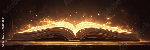 A glowing open Bible with light emanating from its pages on black background, symbolizing the bible as source of spiritual enlightenment and inspiration. 