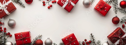 White Background With Christmas Decorations and Presents