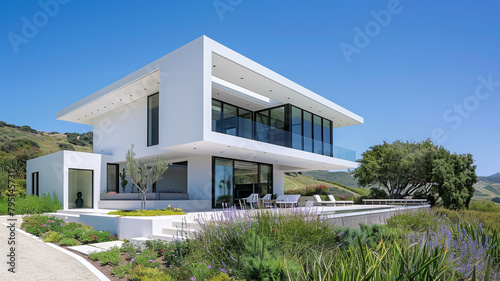 A sleek and stylish modern residence with a white facade and minimalist landscaping, set against a backdrop of clear blue skies and rolling hills. © Ateeq