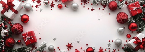 White Background With Red and Silver Christmas Decorations