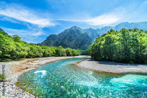 夏の上高地　梓川と六百山【長野県・松本市】　 Beautiful scenery of Kamikōchi with fresh greenery - Nagano, Japan	