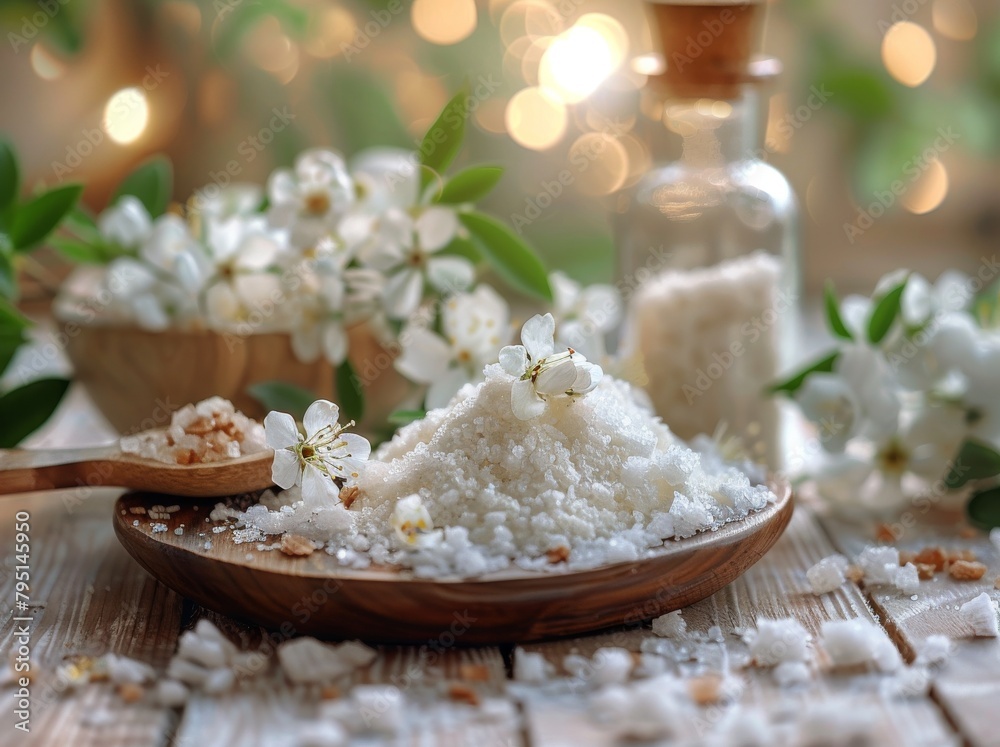 Wooden Spoon and Bowl of White Flowers on Table Wooden Spoon and Bowl of White Flowers on Table
