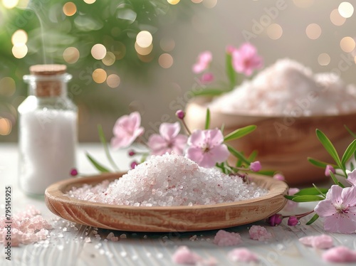 Wooden Spoon and Bowl of White Flowers on Table