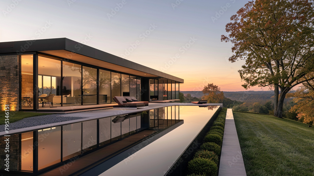 A sleek, minimalist exterior of a modern house with floor-to-ceiling windows reflecting the surrounding landscape in the golden hour light.
