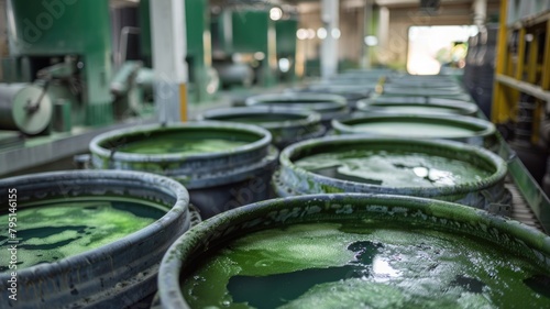detailed view of the dyeing process in a green factory, showing vats of natural, plant-based dyes being used on denim fabric. © Anna