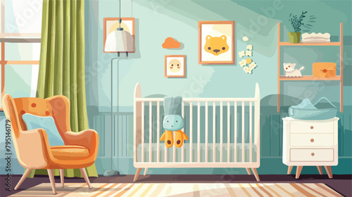 Baby crib and feeding chair in bedroom closeup Vector photo