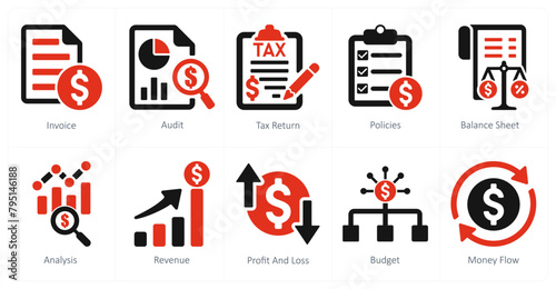 A set of 10 accounting icons as invoice, audit, tax return