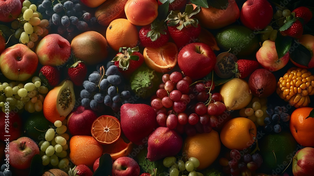 Close-up view of various fruits meticulously arranged in the studio Close-up view of various fruits meticulously arranged in the studio