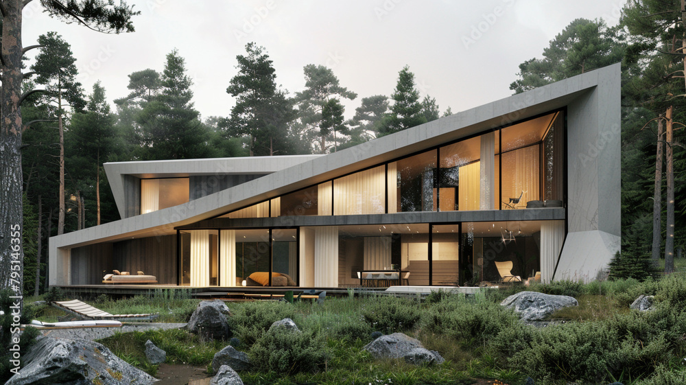 A striking modern home with a sculptural facade, characterized by bold angles and large windows framing views of the surrounding forest.