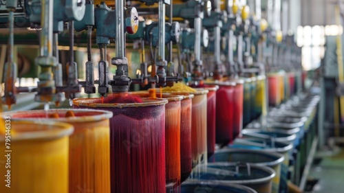 detailed view of the dyeing process in a green factory, showing vats of natural, plant-based dyes being used on denim fabric.