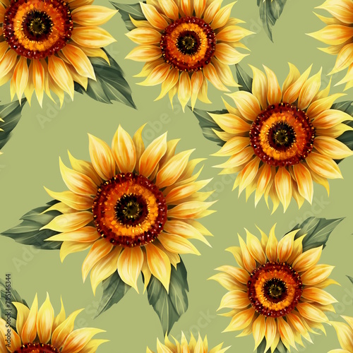 Sunflower floral seamless pattern. Bright colors, painting on a light background.