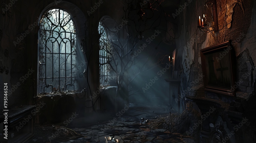 Eerie dark backdrop with haunting shadows and chilling atmosphere
