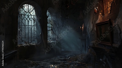 Eerie dark backdrop with haunting shadows and chilling atmosphere