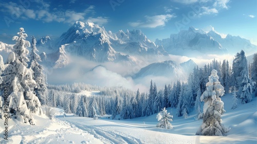 Snowy Landscape With Trees and Mountains