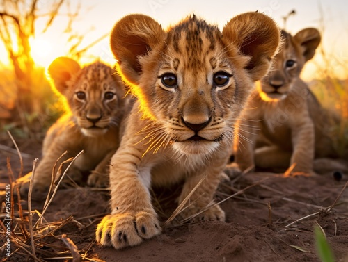 a group of baby lions in the dirt © Dan