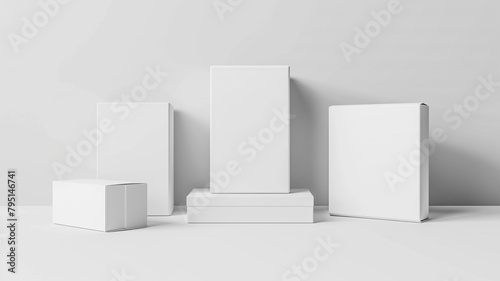 Set of white blank packaging boxes for product presentation isolated on white background © Yuwarin