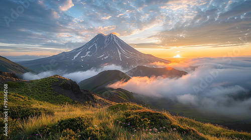Vilyuchinsky volcano with clouds at sunrise in Kamchat
