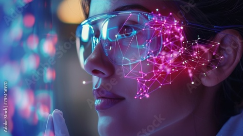 Woman Wearing Futuristic Glasses Looking at Computer Screen