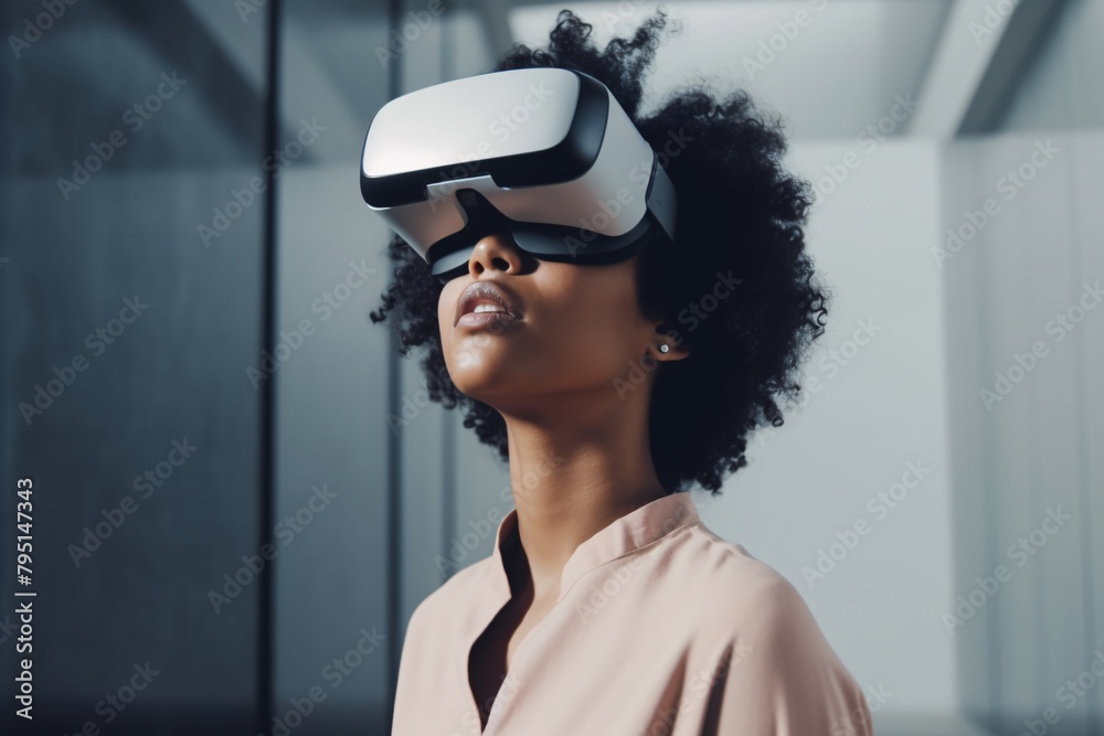 a woman wearing a virtual reality headset a woman wearing a virtual reality headset