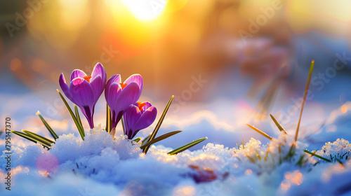 Violet crocus with snow at sunrise. First blooming snow