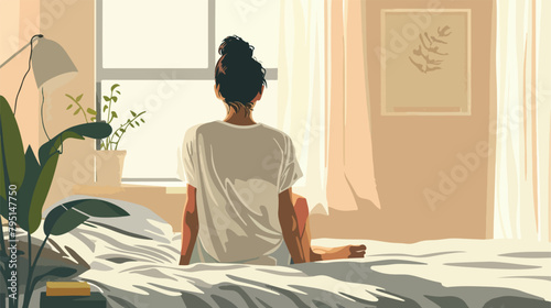 Barefoot woman sitting on bed at home Vector illustration