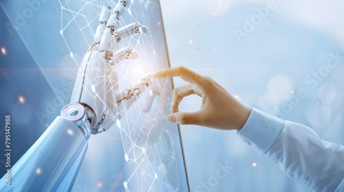 Human and Robot hands touching and connecting on binary code background