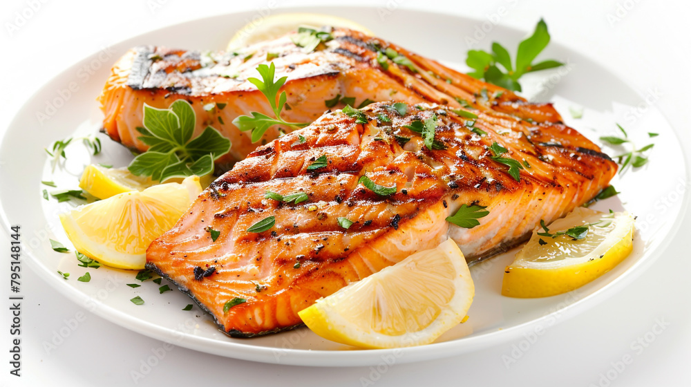 A plate of grilled salmon fillet with lemon wedges and fresh herbs garnish, offering a protein-rich and flavorful seafood option presented elegantly on a white surface.