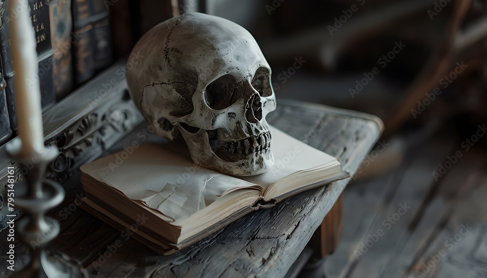 spell book and skull for Halloween night copy on black background AI Generated spell book and skull for Halloween night copy on black background AI Generated
