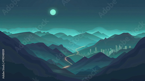 Starry night over mountain landscape with illuminated city