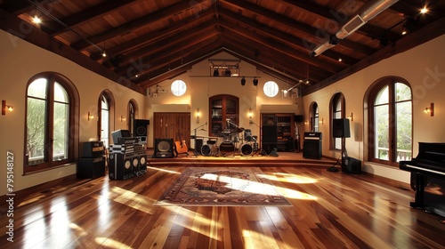 Interior of a spacious recording studio with high ceilings and natural light