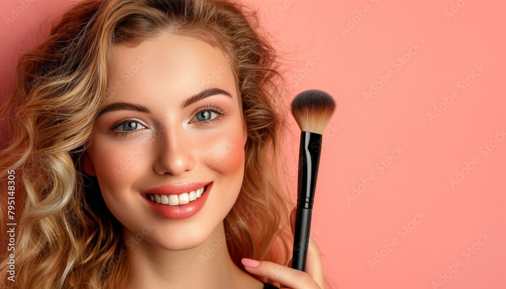 Blonde woman with curly hair holding makeup brush on pastel background, space for text Blonde woman with curly hair holding makeup brush on pastel background, space for text