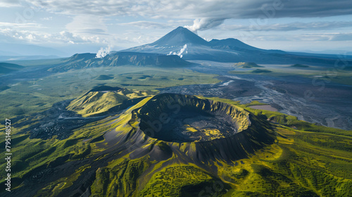 Volcano craters and black lava fields ne Tolbachik v