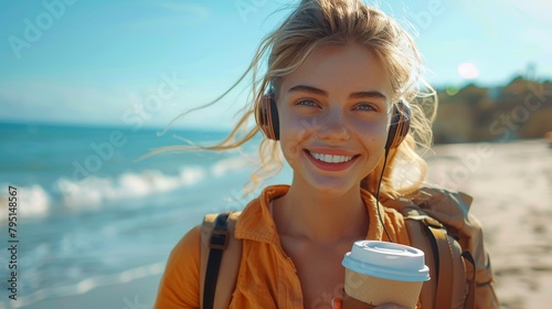 Woman Holding Cup of Coffee on Beach