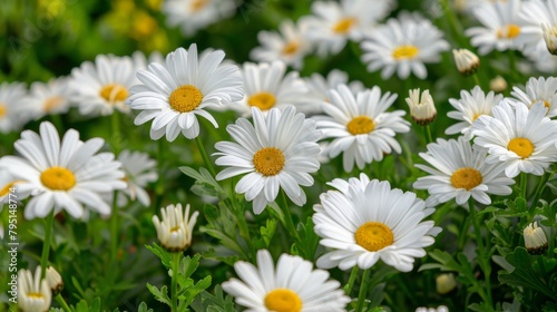 A vibrant  full view of a field filled with the abundance of white daisies  symbolizing the lushness of life.
