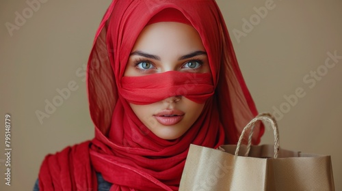 Woman in Red Veil Holding Shopping Bag
