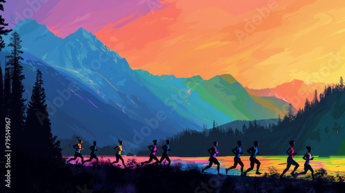 Silhouetted runners on a mountain road at sunset