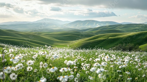 White daisies sprinkle the rolling green hills, portraying a harmony between floral beauty and the undulating landscape.