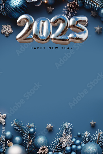 Inscription Happy New Year 2025. Blue Christmas background with blue and silver decorations, pine branches. Place for text -04 © Panachev E