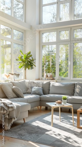 A living room with a white couch and a white coffee table