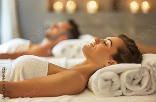 A couple lying on white towels at a spa, enjoying facial and body massages for relaxation with a professional therapist at a luxury hotel resort